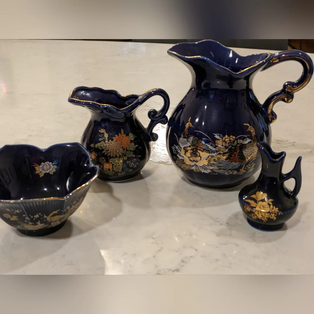 Cobalt Peacock & Flowers Oriental Vases Gold Trim Set of 4